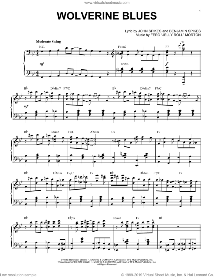Wolverine Blues [Jazz version] sheet music for piano solo by Jelly Roll Morton, Benjamin Spikes, Ferd 'Jelly Roll' Morton and Spike Jones, classical score, intermediate skill level