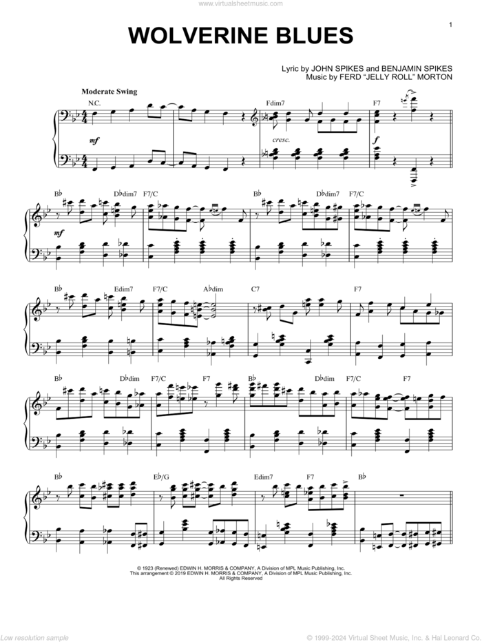 Wolverine Blues [Jazz version] sheet music for piano solo by Jelly Roll Morton, Benjamin Spikes, Ferd 'Jelly Roll' Morton and Spike Jones, classical score, intermediate skill level