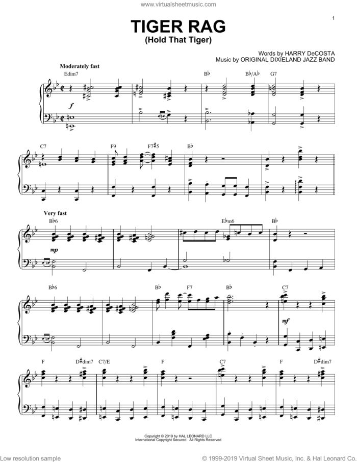 Tiger Rag (Hold That Tiger) [Jazz version] sheet music for piano solo by Original Dixieland Jazz Band and Harry DeCosta, intermediate skill level