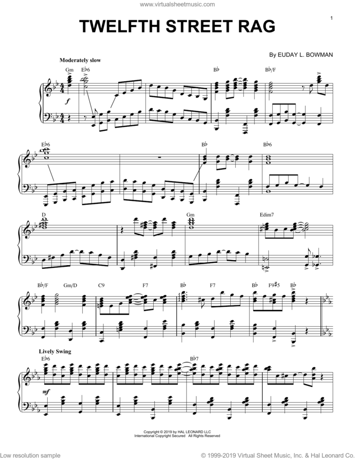 Twelfth Street Rag [Jazz version] sheet music for piano solo by Euday L. Bowman, intermediate skill level