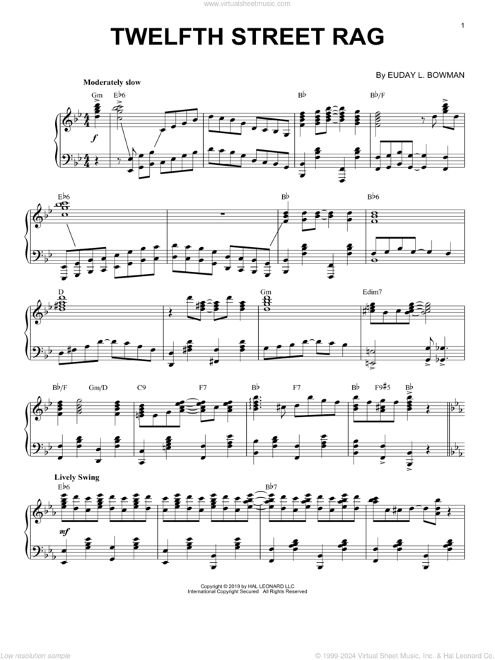 Twelfth Street Rag [Jazz version] sheet music for piano solo by Euday L. Bowman, intermediate skill level