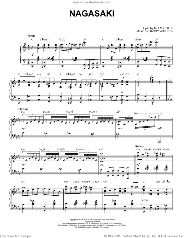 Nagasaki [Jazz version] sheet music for piano solo by Harry Warren, Mort Dixon and Mort Dixon and Harry Warren, intermediate skill level