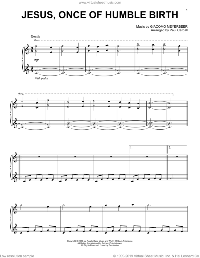 Jesus Once Of Humble Birth (arr. Paul Cardall) sheet music for piano solo by Giacomo Meyerbeer, Paul Cardall, Giacomo Meyerbeer and Parley P. Pratt and Parley P. Pratt, intermediate skill level