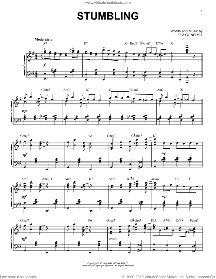 Stumbling [Jazz version] sheet music for piano solo by Zez Confrey, intermediate skill level