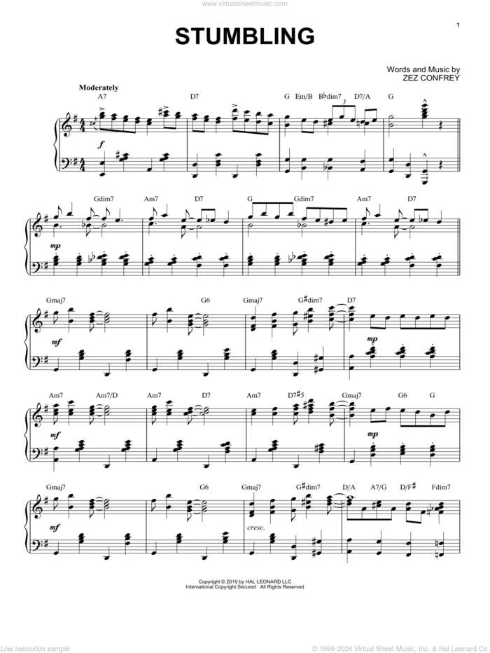 Stumbling [Jazz version] sheet music for piano solo by Zez Confrey, intermediate skill level