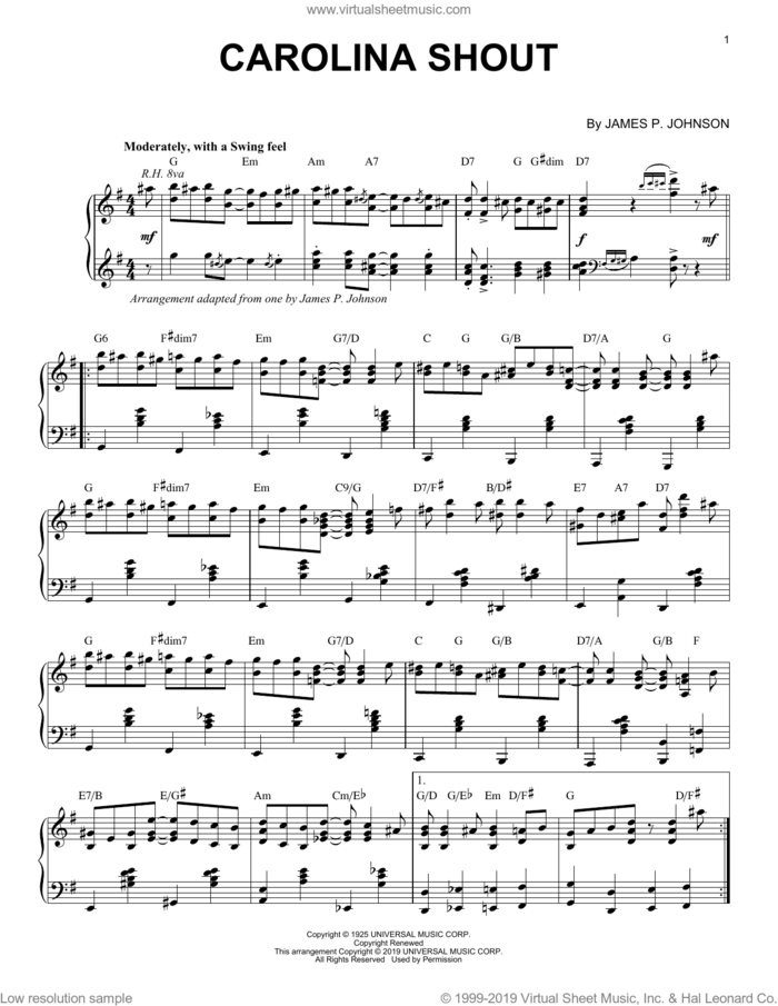 Carolina Shout [Jazz version] sheet music for piano solo by James P. Johnson, intermediate skill level