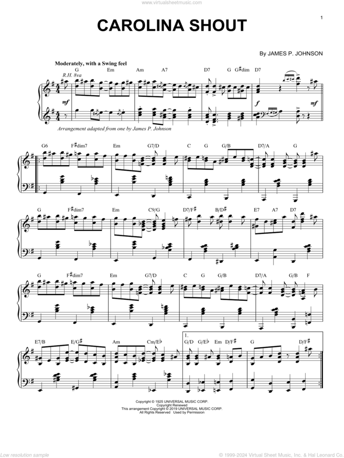 Carolina Shout [Jazz version] sheet music for piano solo by James P. Johnson, intermediate skill level