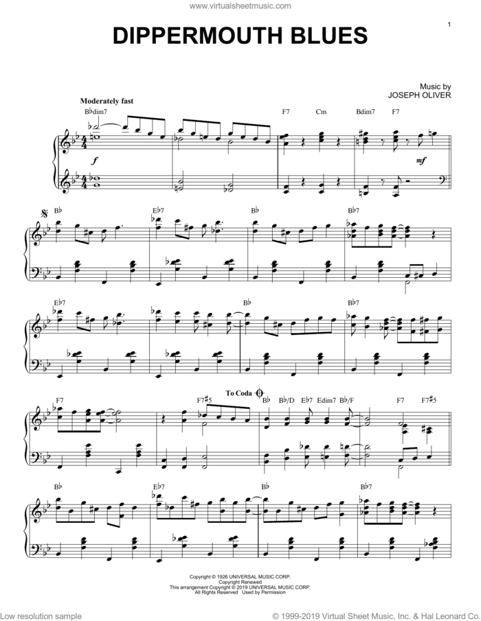 Dippermouth Blues [Jazz version] sheet music for piano solo by Louis Armstrong and Joe Oliver, intermediate skill level