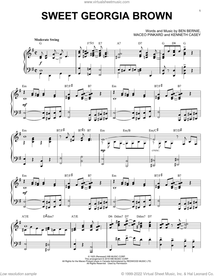 Sweet Georgia Brown [Jazz version] sheet music for piano solo by Count Basie, Ben Bernie, Kenneth Casey and Maceo Pinkard, intermediate skill level