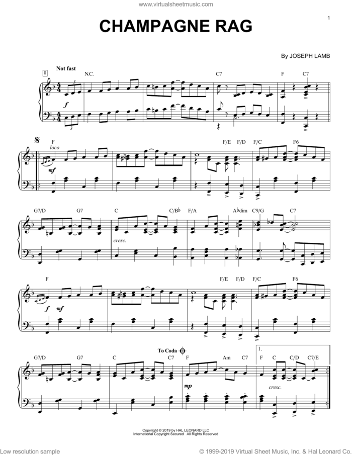 Champagne Rag [Jazz version] sheet music for piano solo by Joseph Lamb, intermediate skill level