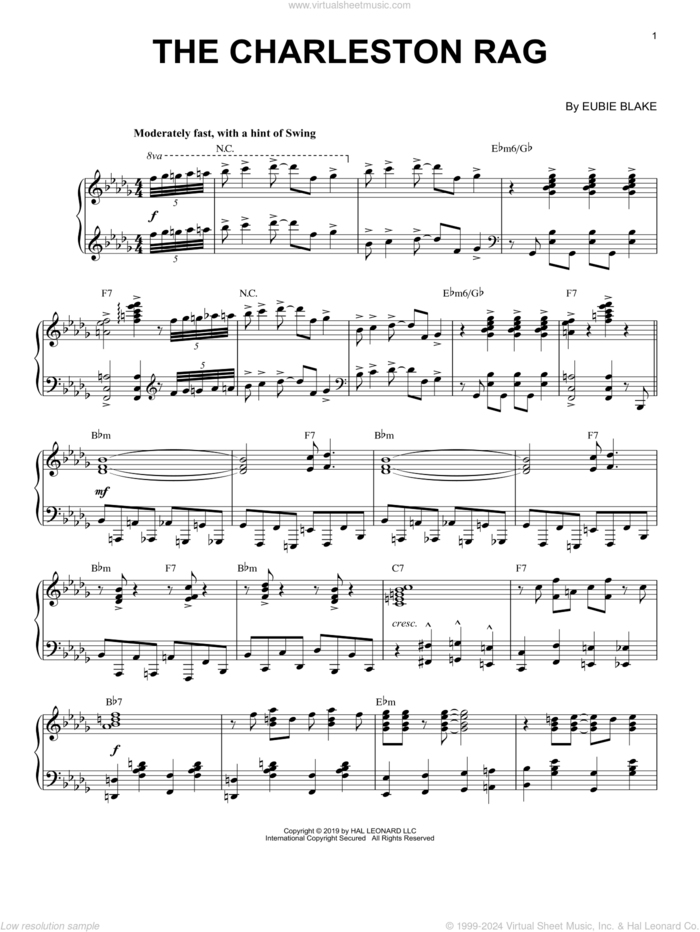 The Charleston Rag [Jazz version] sheet music for piano solo by Eubie Blake, intermediate skill level