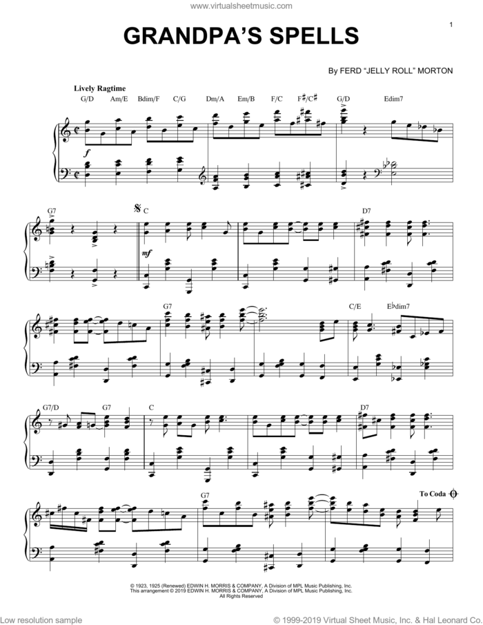 Grandpa's Spells [Jazz version] sheet music for piano solo by Ferd 'Jelly Roll' Morton, classical score, intermediate skill level