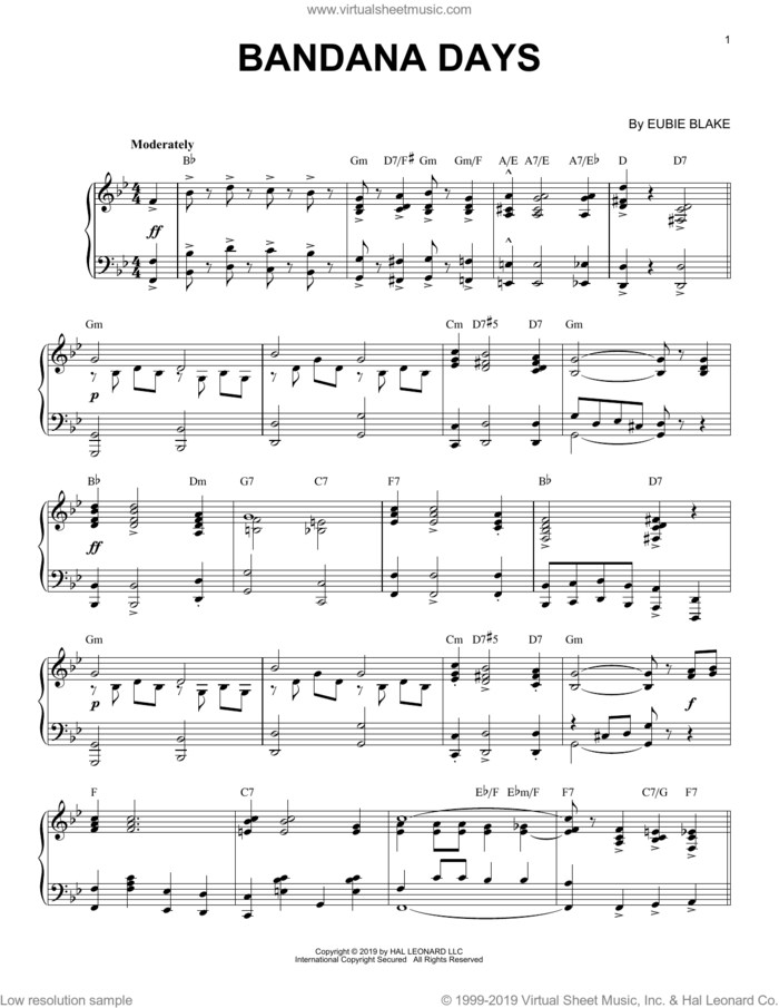 Bandana Days [Jazz version] sheet music for piano solo by Eubie Blake, intermediate skill level