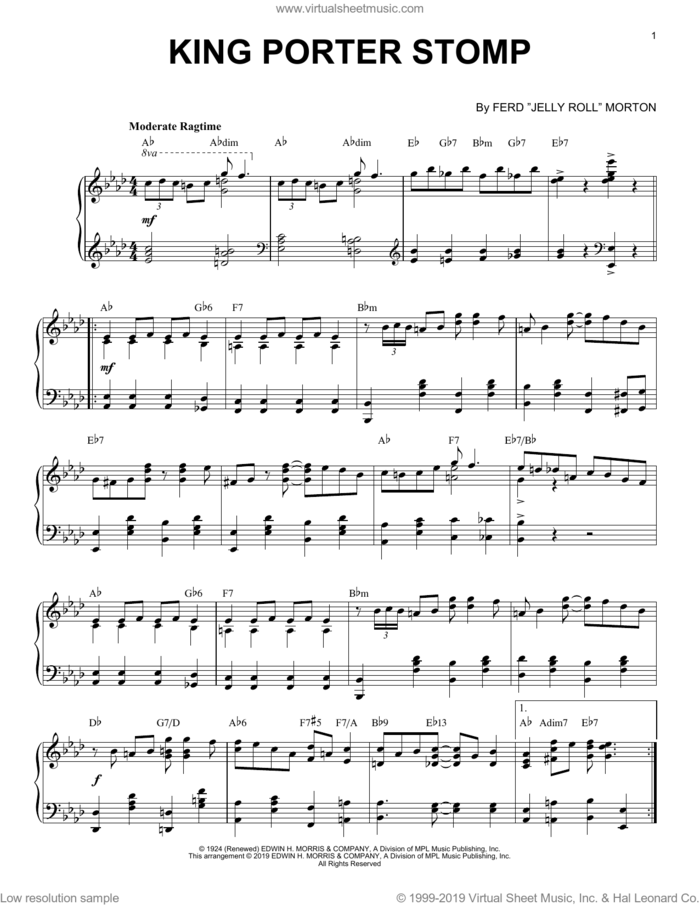 King Porter Stomp [Jazz version] sheet music for piano solo by Jelly Roll Morton, Ferd 'Jelly Roll' Morton, Sid Robin and Sonny Burke, classical score, intermediate skill level