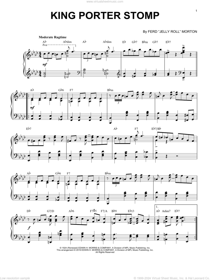 King Porter Stomp [Jazz version] sheet music for piano solo by Jelly Roll Morton, Ferd 'Jelly Roll' Morton, Sid Robin and Sonny Burke, classical score, intermediate skill level