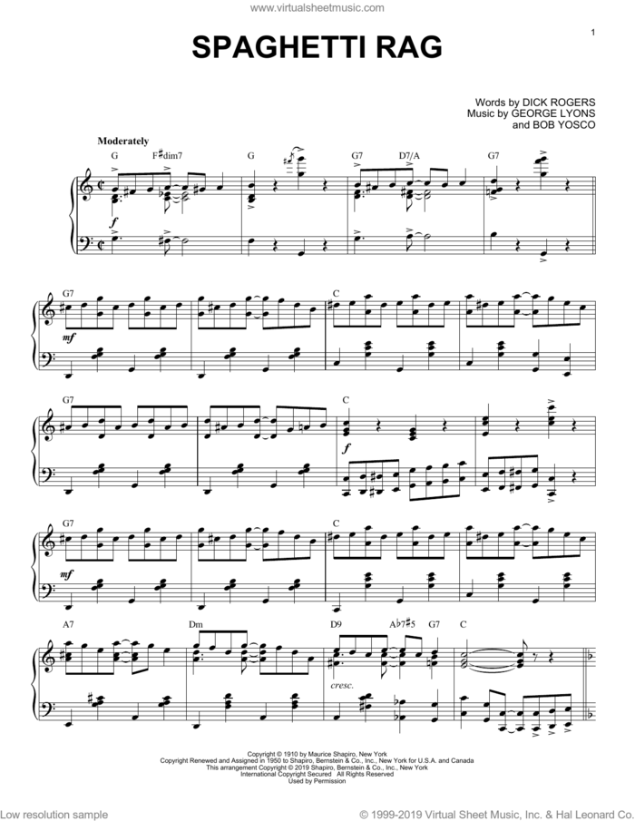 Spaghetti Rag [Jazz version] sheet music for piano solo by Dick Rogers, Bob Yosco, George Lyons and George Lyons and Bob Yosco, intermediate skill level