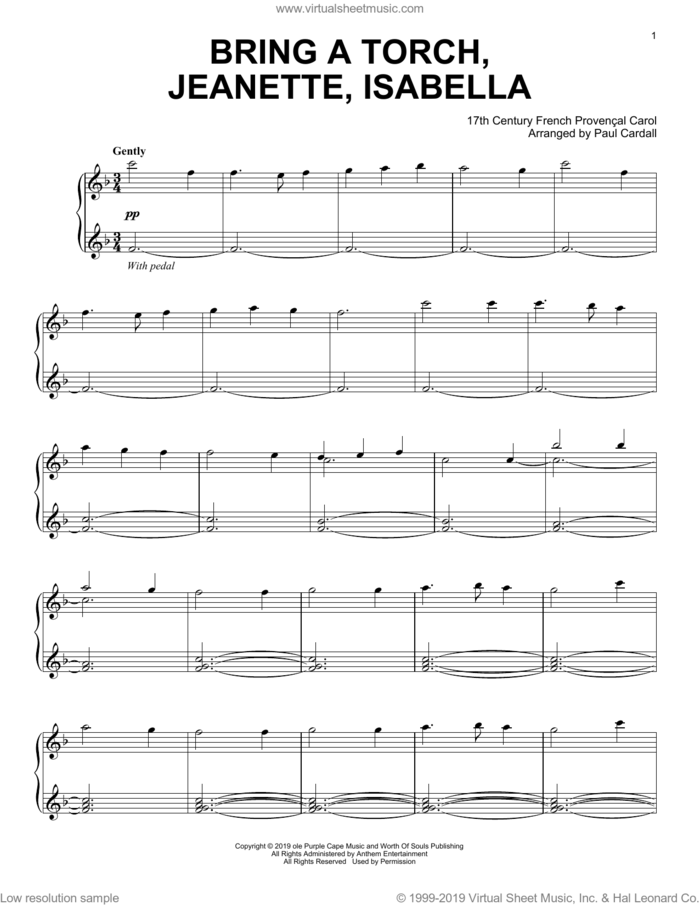 Bring A Torch, Jeannette, Isabella (arr. Paul Cardall) sheet music for piano solo by Anonymous, Paul Cardall and Miscellaneous, intermediate skill level