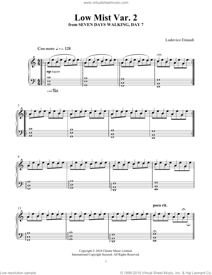 Low Mist Var. 2 (from Seven Days Walking: Day 7) sheet music for piano solo by Ludovico Einaudi, classical score, intermediate skill level