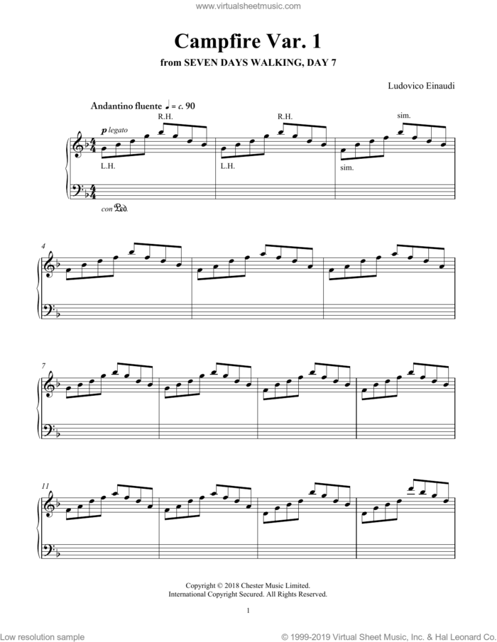 Campfire Var. 1 (from Seven Days Walking: Day 7) sheet music for piano solo by Ludovico Einaudi, classical score, intermediate skill level