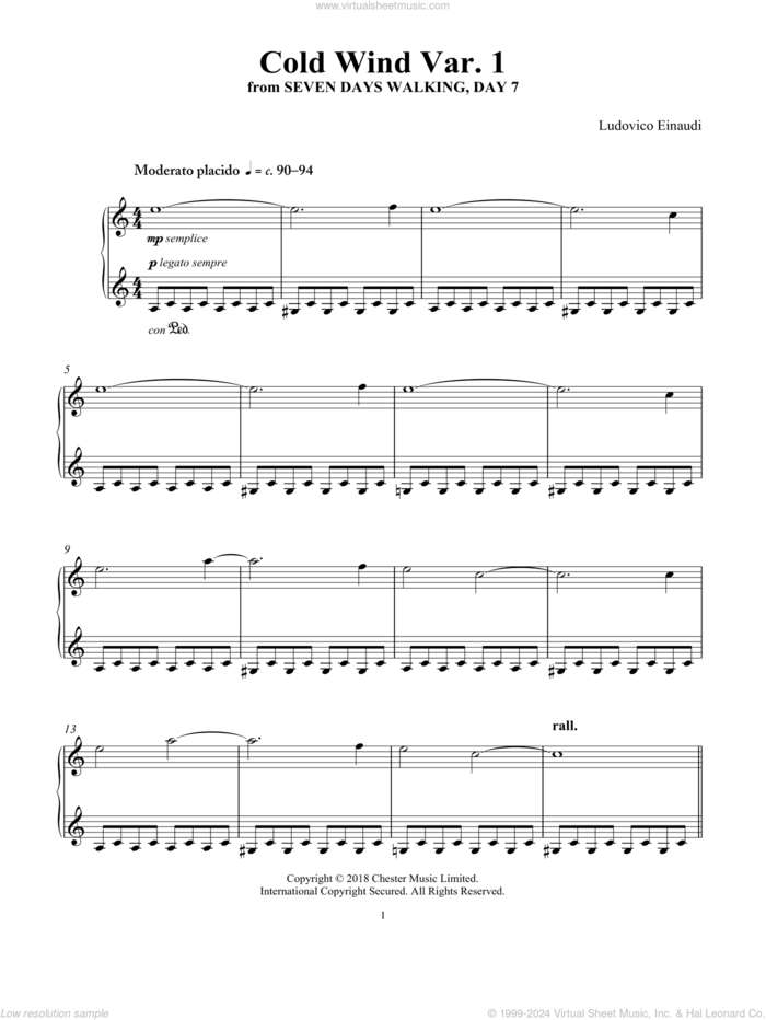 Cold Wind Var. 1 (from Seven Days Walking: Day 7) sheet music for piano solo by Ludovico Einaudi, classical score, intermediate skill level