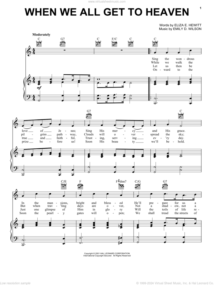 When We All Get To Heaven sheet music for voice, piano or guitar by Emily D. Wilson and Eliza E. Hewitt, intermediate skill level