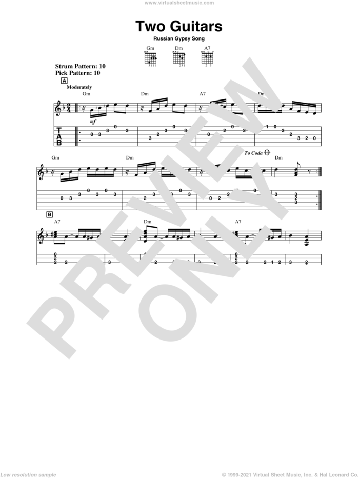 Two Guitars sheet music for guitar solo (easy tablature) by Russian Gypsy Song, classical score, easy guitar (easy tablature)