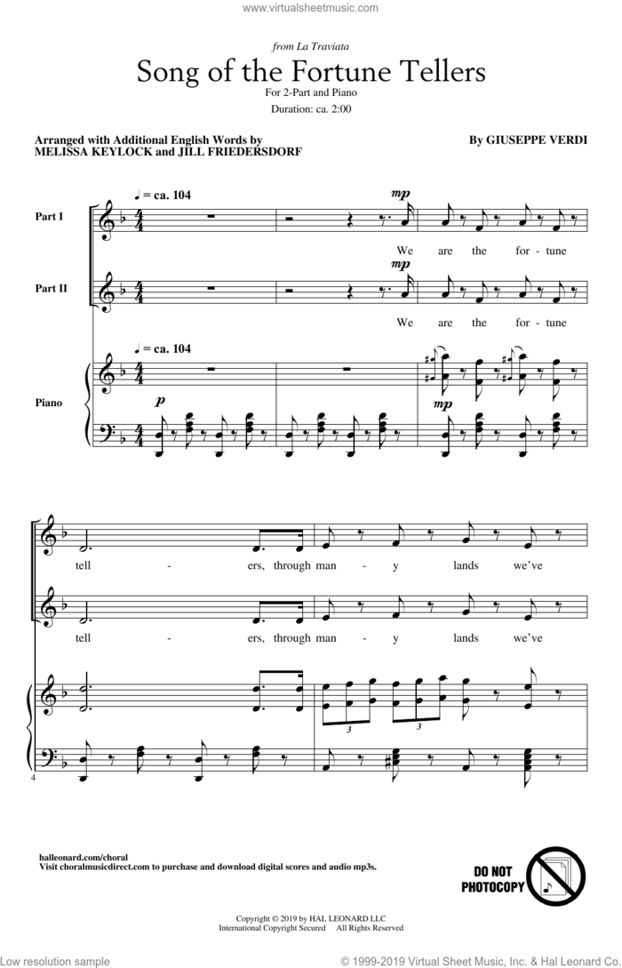 Song Of The Fortune Tellers (from La Traviata) (arr. Melissa Keylock and Jill Friedersdorf) sheet music for choir (2-Part) by Giuseppe Verdi, Jill Friedersdorf and Melissa Keylock, intermediate duet