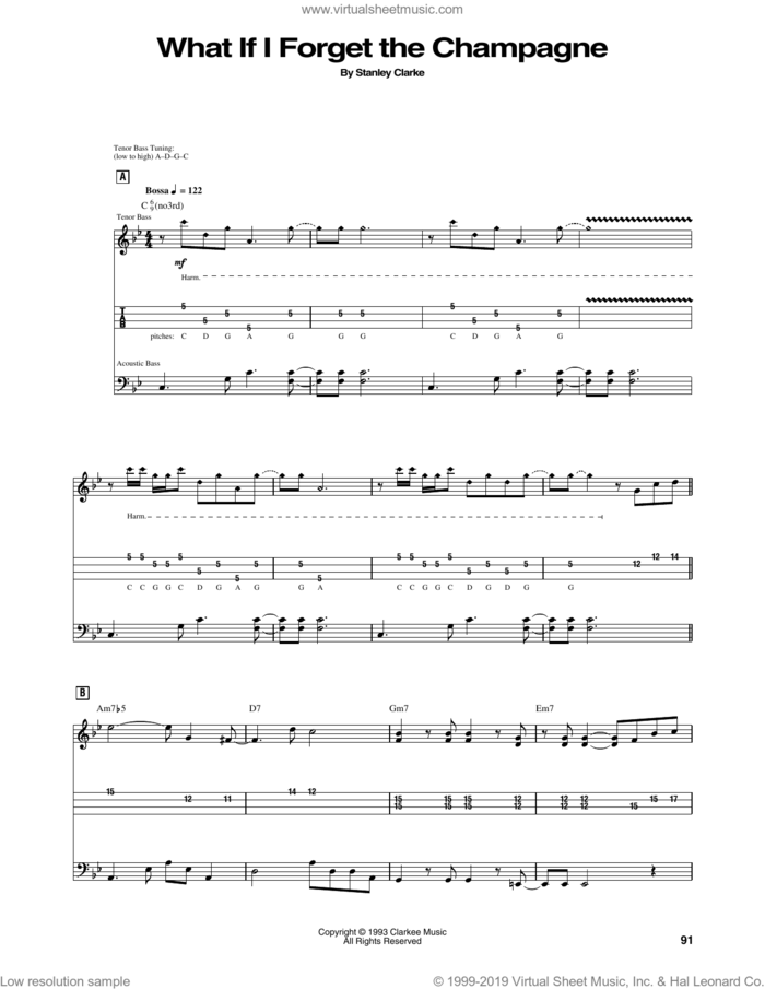 What If I Forget The Champagne sheet music for bass (tablature) (bass guitar) by Stanley Clarke, intermediate skill level