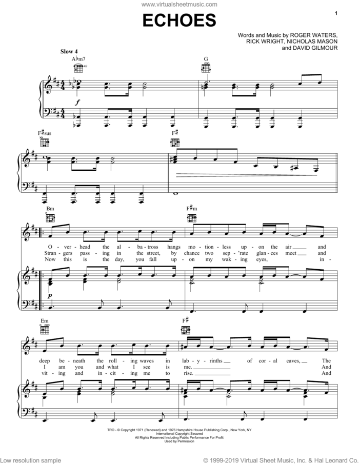 Echoes sheet music for voice, piano or guitar by Pink Floyd, David Gilmour, Nicholas Mason, Richard Wright and Roger Waters, intermediate skill level