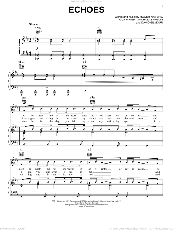 Echoes sheet music for voice, piano or guitar by Pink Floyd, David Gilmour, Nicholas Mason, Richard Wright and Roger Waters, intermediate skill level