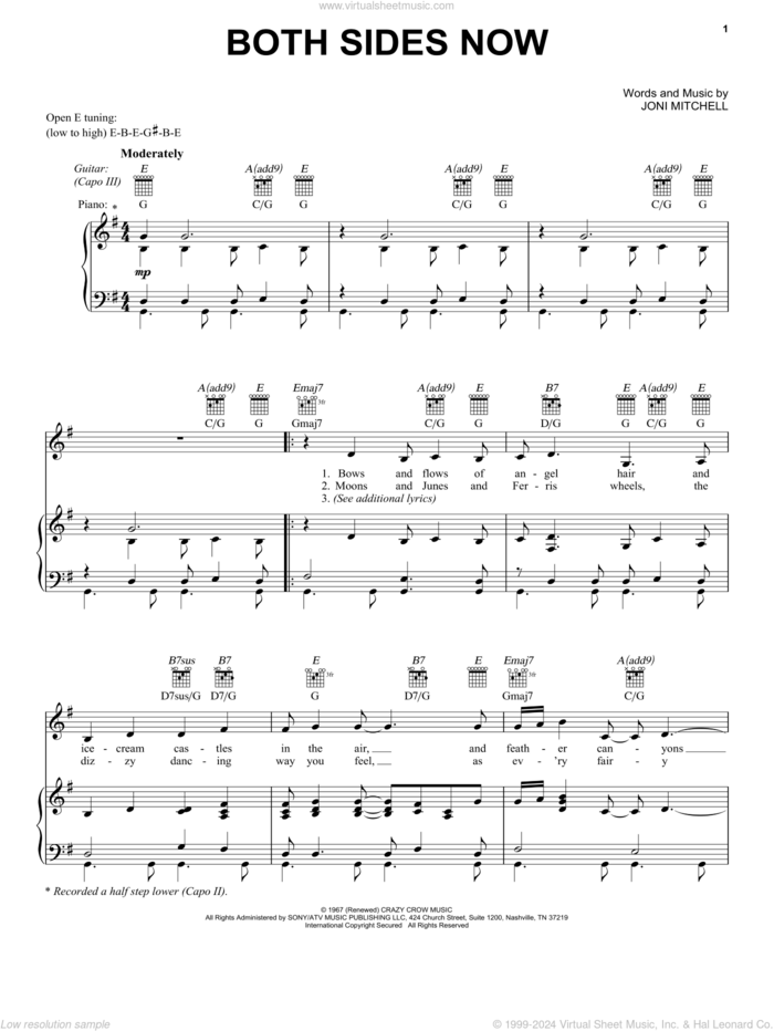Both Sides Now sheet music for voice, piano or guitar by Joni Mitchell, intermediate skill level