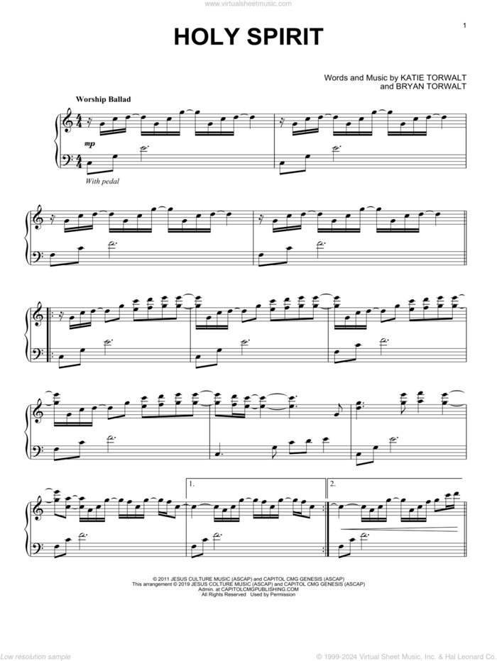 Holy Spirit, (intermediate) sheet music for piano solo by Francesca Battistelli, Bryan & Katie Torwalt, Bryan Torwalt and Katie Torwalt, intermediate skill level