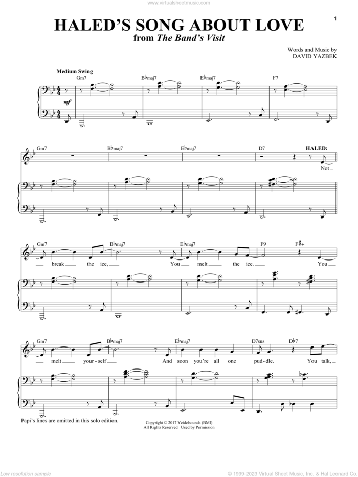 Haled's Song About Love [Solo version] (from The Band's Visit) sheet music for voice and piano by David Yazbek and Richard Walters, intermediate skill level