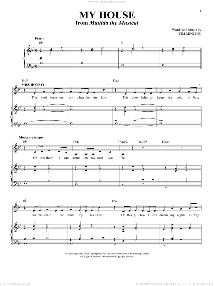 My House (from Matilda the Musical) sheet music for voice and piano by Tim Minchin and Richard Walters, intermediate skill level