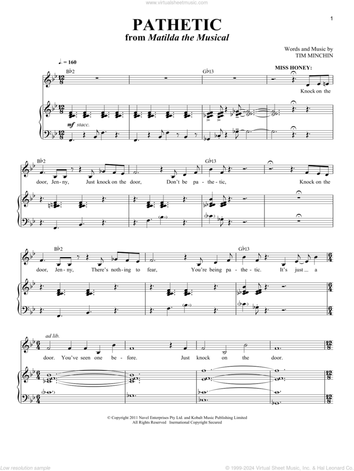 Pathetic (from Matilda the Musical) sheet music for voice and piano by Tim Minchin and Richard Walters, intermediate skill level