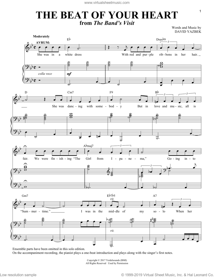 The Beat Of Your Heart [Solo version] (from The Band's Visit) sheet music for voice and piano by David Yazbek and Richard Walters, intermediate skill level