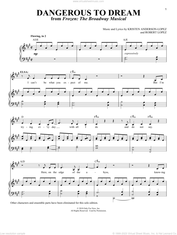 Dangerous To Dream [Solo version] (from Frozen: The Broadway Musical) sheet music for voice and piano by Robert Lopez, Richard Walters, Kristen Anderson-Lopez and Kristen Anderson-Lopez & Robert Lopez, intermediate skill level