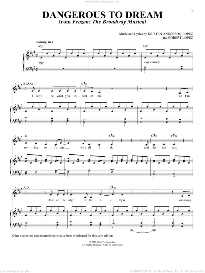 Dangerous To Dream [Solo version] (from Frozen: The Broadway Musical) sheet music for voice and piano by Robert Lopez, Richard Walters, Kristen Anderson-Lopez and Kristen Anderson-Lopez & Robert Lopez, intermediate skill level