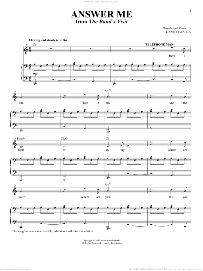 Answer Me [Solo version] (from The Band's Visit) sheet music for voice and piano (Tenor) by David Yazbek and Richard Walters, intermediate skill level