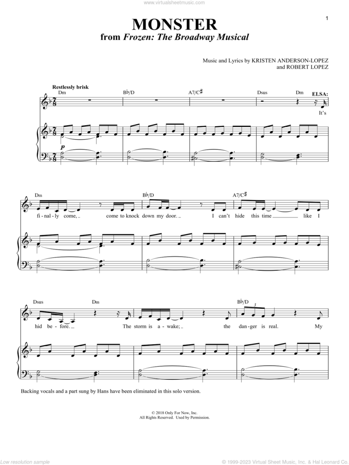 Monster [Solo version] (from Frozen: The Broadway Musical) sheet music for voice and piano by Robert Lopez, Richard Walters, Kristen Anderson-Lopez and Kristen Anderson-Lopez & Robert Lopez, intermediate skill level