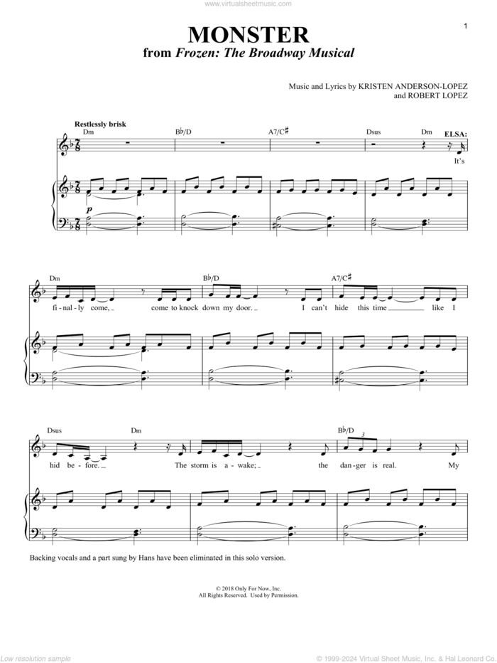 Monster [Solo version] (from Frozen: The Broadway Musical) sheet music for voice and piano by Robert Lopez, Richard Walters, Kristen Anderson-Lopez and Kristen Anderson-Lopez & Robert Lopez, intermediate skill level