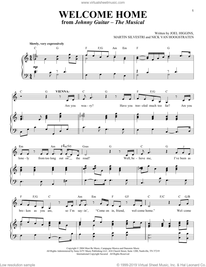 Welcome Home (from Johnny Guitar - The Musical) sheet music for voice and piano by Joel Higgins, Richard Walters, Joel Higgins, Martin Silvestri and Nick Van Hoogstraten, Martin Silvestri and Nick Van Hoogstraten, intermediate skill level