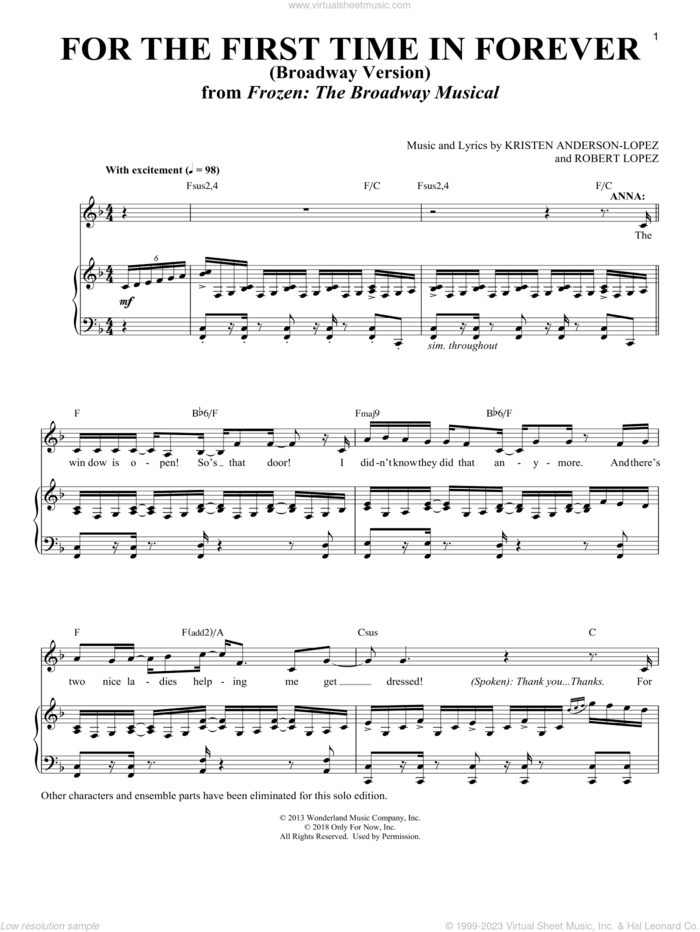For The First Time In Forever [Solo version] (from Frozen: The Broadway Musical) sheet music for voice and piano by Robert Lopez, Richard Walters, Kristen Anderson-Lopez and Kristen Anderson-Lopez & Robert Lopez, intermediate skill level