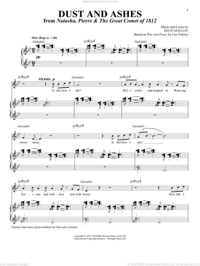 Dust And Ashes [Solo version] (from Natasha, Pierre and The Great Comet of 1812) sheet music for voice and piano by Dave Malloy and Richard Walters, intermediate skill level