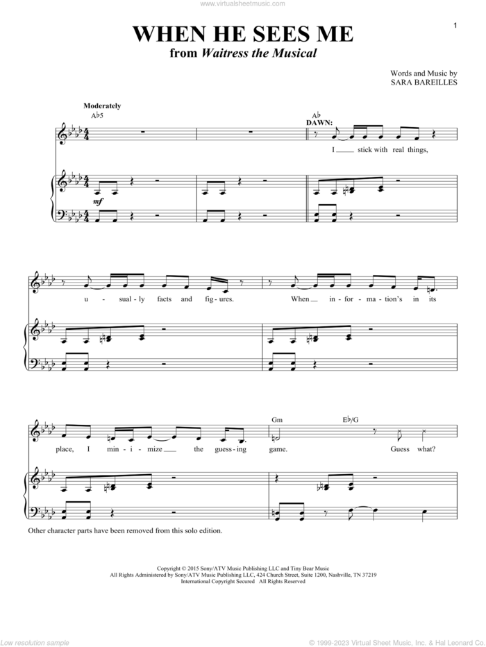 When He Sees Me [Solo version] (from Waitress the Musical) sheet music for voice and piano by Sara Bareilles and Richard Walters, intermediate skill level