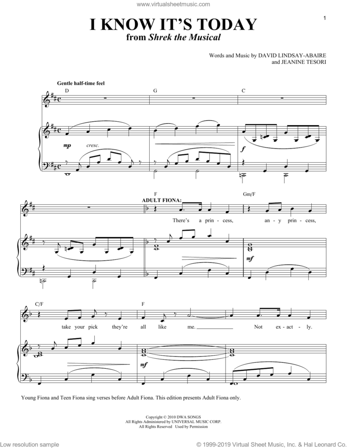 I Know It's Today (from Shrek the Musical) (Adult Fiona) sheet music for voice and piano by Jeanine Tesori, Richard Walters, David Lindsay-Abaire and David Lindsay-Abaire and Jeanine Tesori, intermediate skill level
