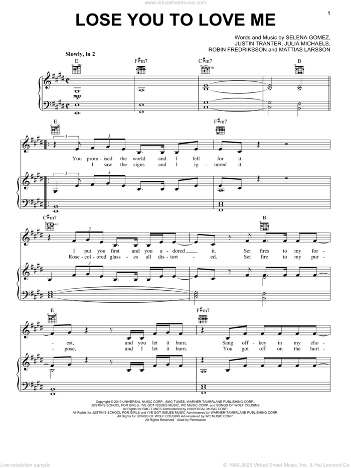 Lose You To Love Me sheet music for voice, piano or guitar by Selena Gomez, Julia Michaels, Justin Tranter, Mattias Larsson and Robin Fredriksson, intermediate skill level