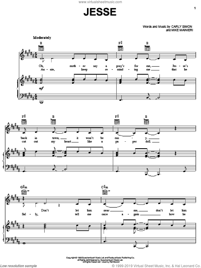 Jesse sheet music for voice, piano or guitar by Carly Simon and Mike Mainieri, intermediate skill level