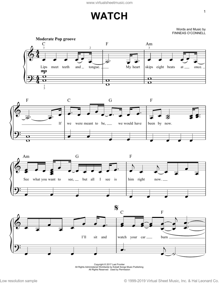 watch, (easy) sheet music for piano solo by Billie Eilish, easy skill level