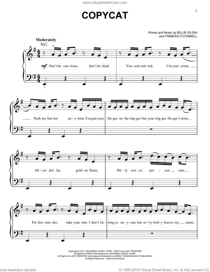 COPYCAT sheet music for piano solo by Billie Eilish, easy skill level